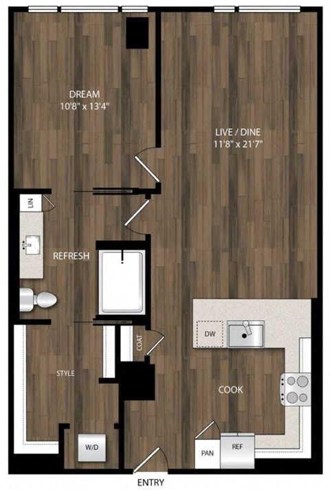 Floor plan for 1 bed, 1 bath, 825 sqft